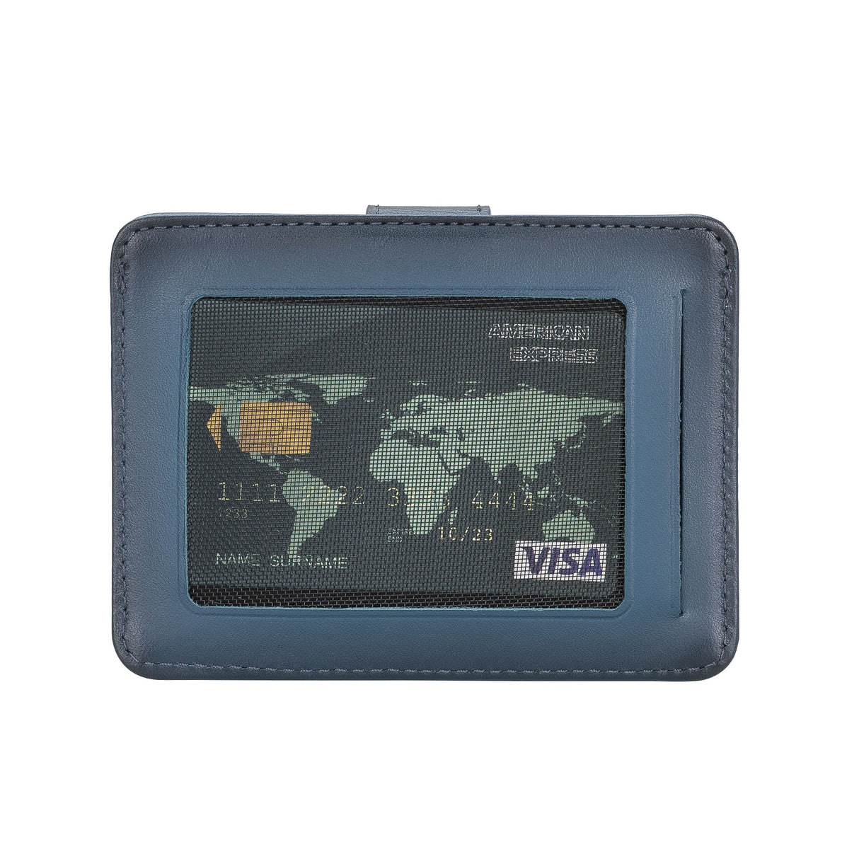 Elegant Leather Card Holder with Snap Closure and Dual ID Windows blue2