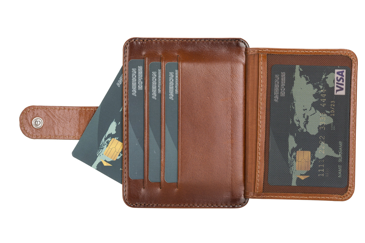 Elegant Leather Card Holder with Snap Closure and Dual ID Windows russet3