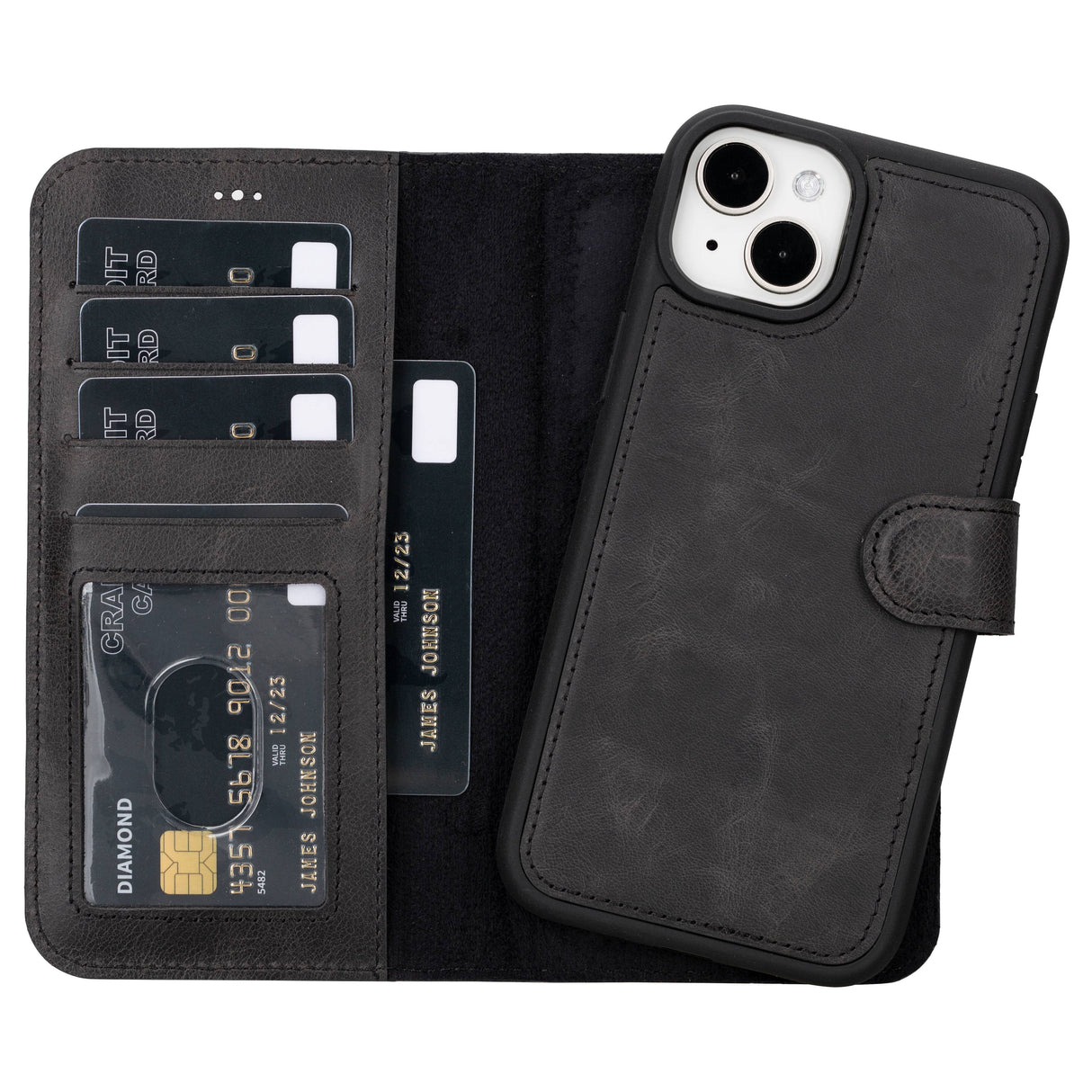 iPhone 15 Plus Leather Wallet Case Black_1