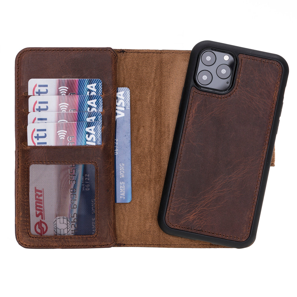iPhone 11 Pro Brown Leather Detachable Dual 2-in-1 Wallet Case with Card Holder - Hardiston - 5
