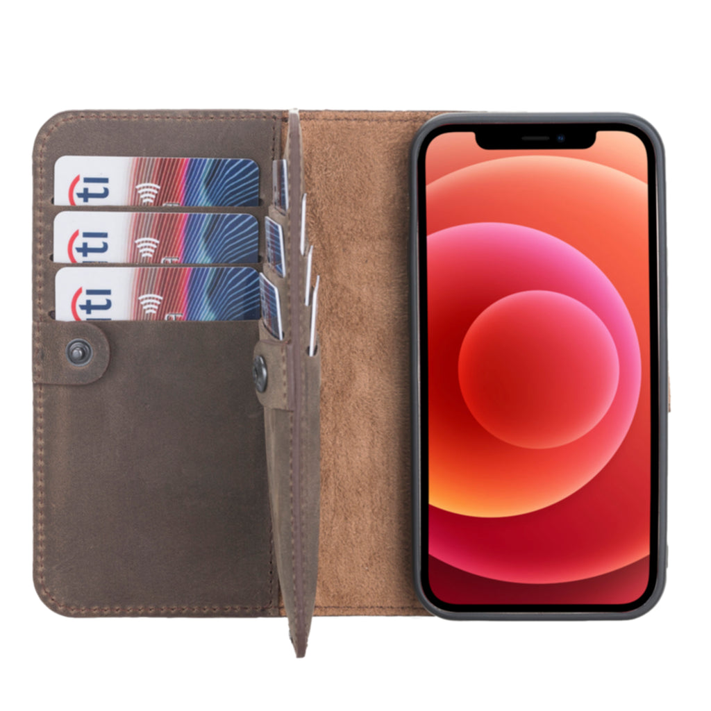Text: iPhone 12 Mini Mocha Leather Detachable Dual 2-in-1 Wallet Case with Card Holder and MagSafe - Hardiston - 1