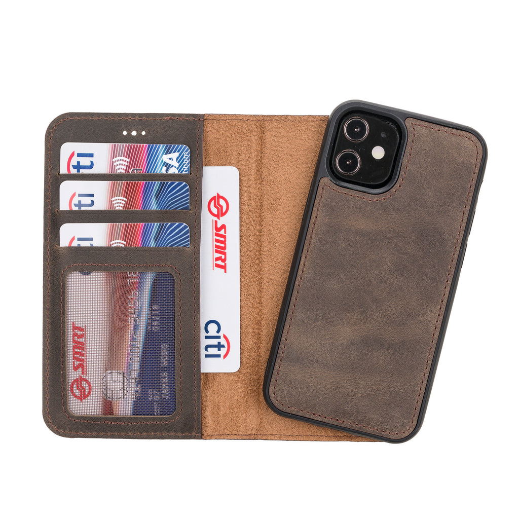 iPhone 12 Mini Mocha Leather Detachable 2-in-1 Wallet Case with Card Holder and MagSafe - Hardiston - 1