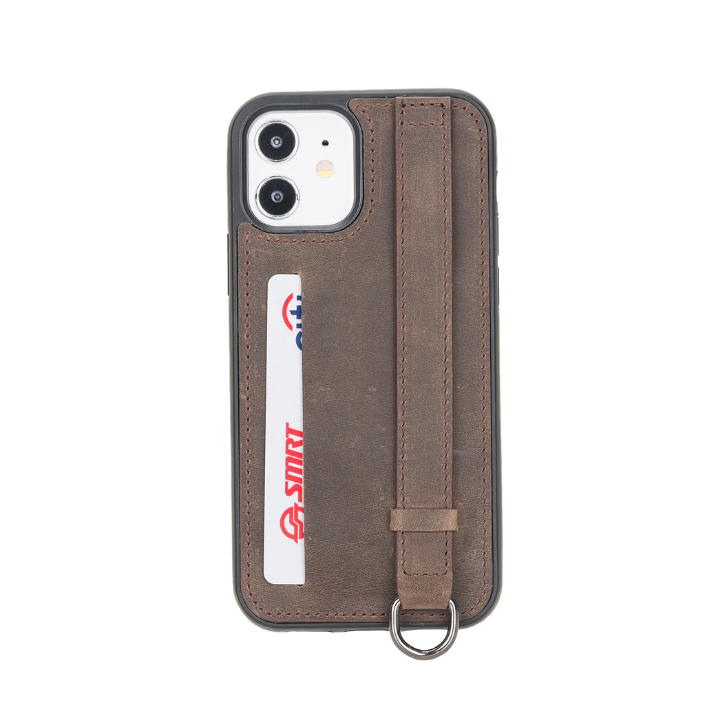 iPhone 12 Mocha Leather Snap On Card Holder Case with Back Strap - Hardiston - 1