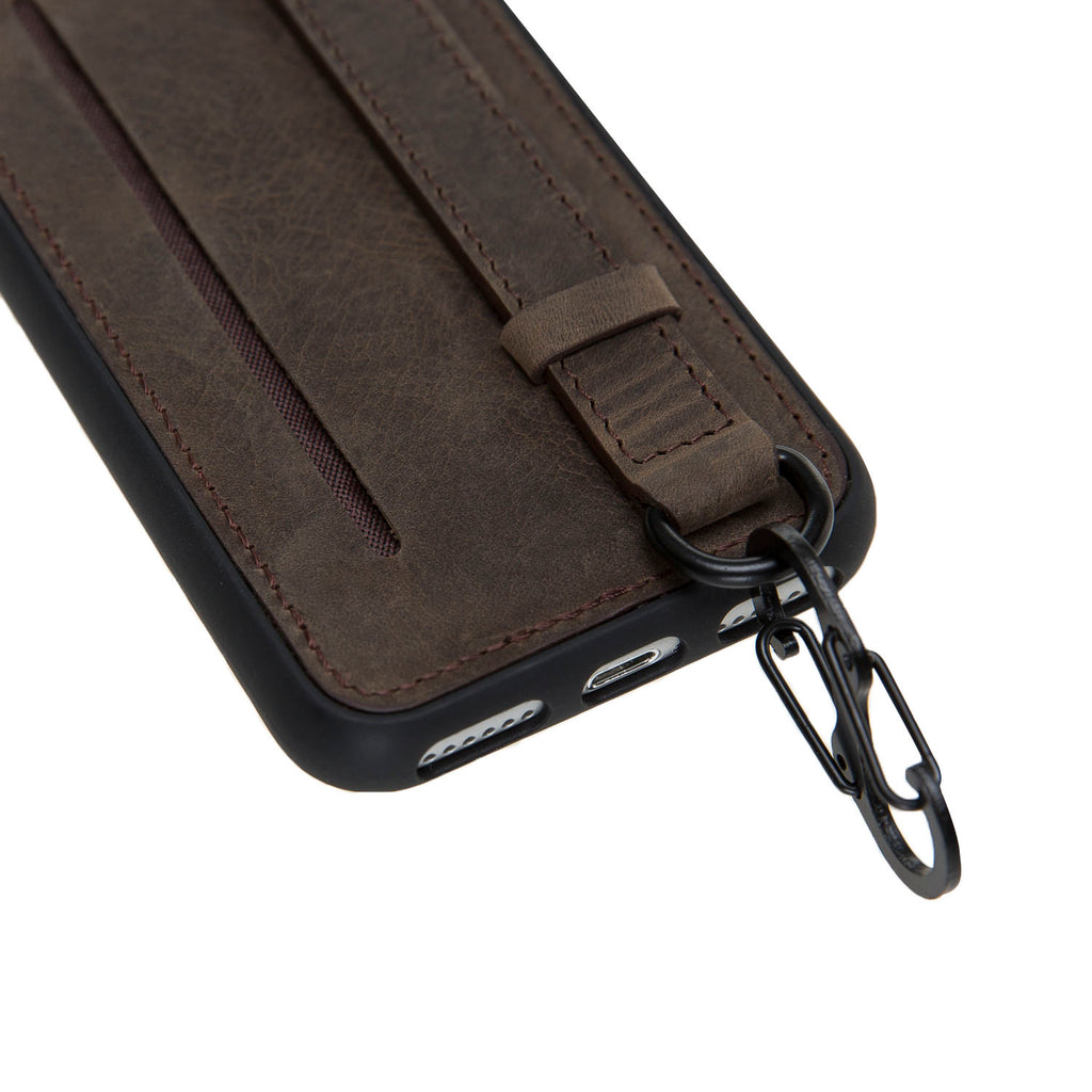 iPhone 12 Mocha Leather Snap On Card Holder Case with Back Strap - Hardiston - 5
