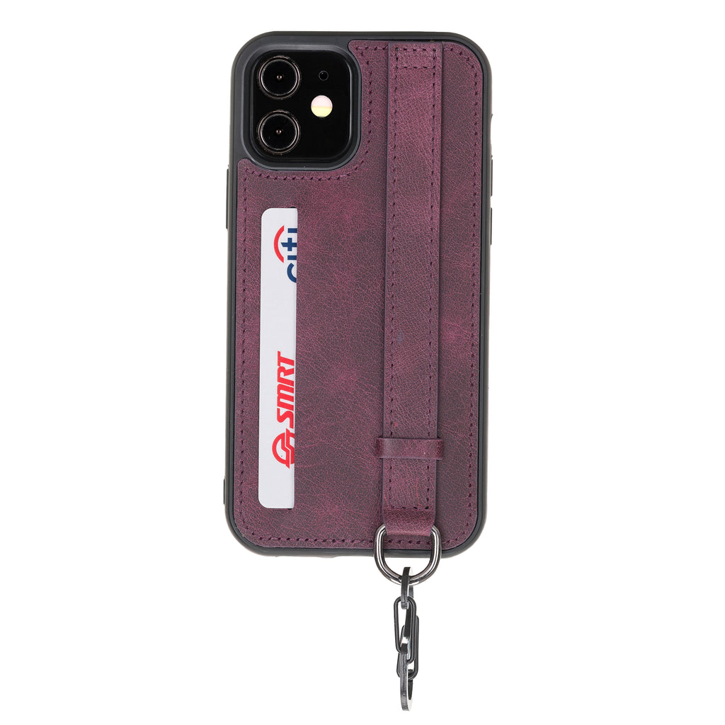 iPhone 12 Purple Leather Snap On Card Holder Case with Back Strap - Hardiston - 1