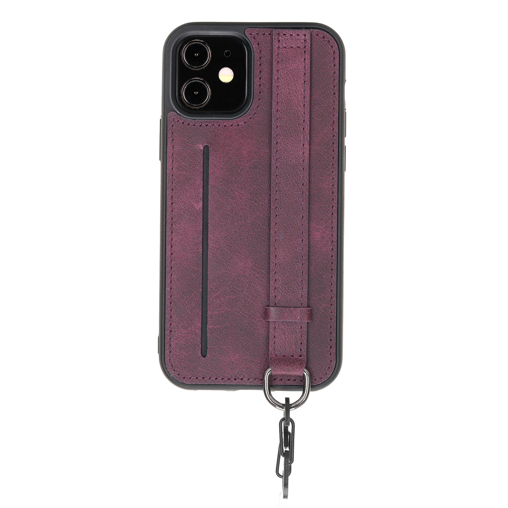 iPhone 12 Purple Leather Snap On Card Holder Case with Back Strap - Hardiston - 4