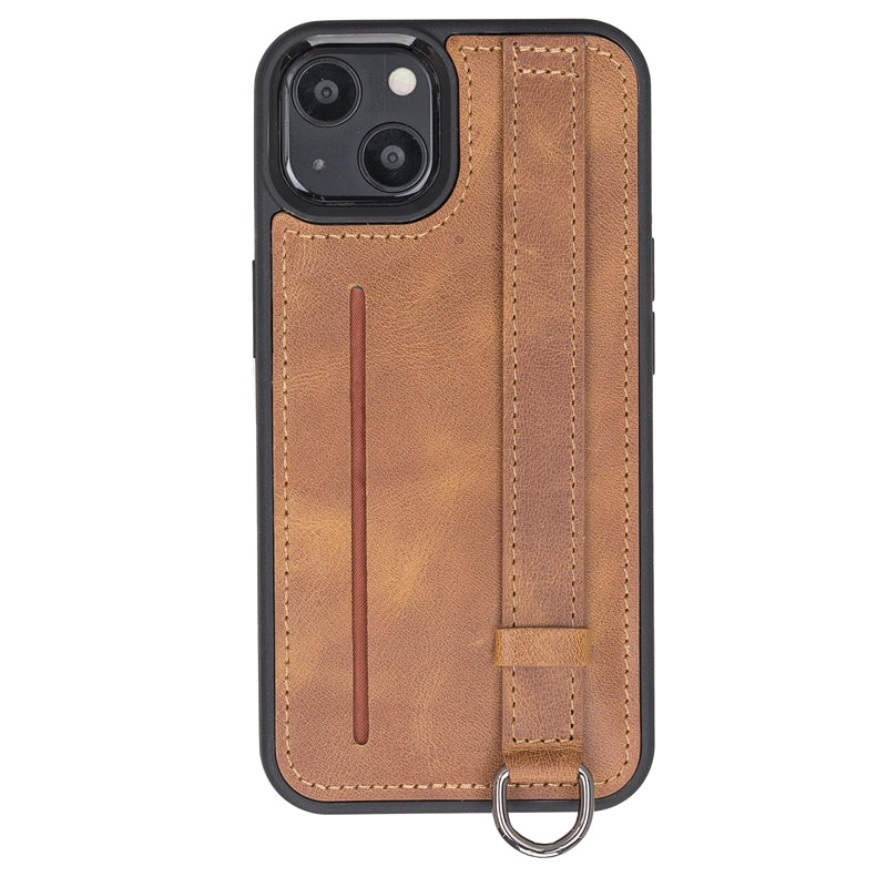 iPhone 13 Amber Leather Snap-On Card Holder Case with Back Strap - Hardiston - 1