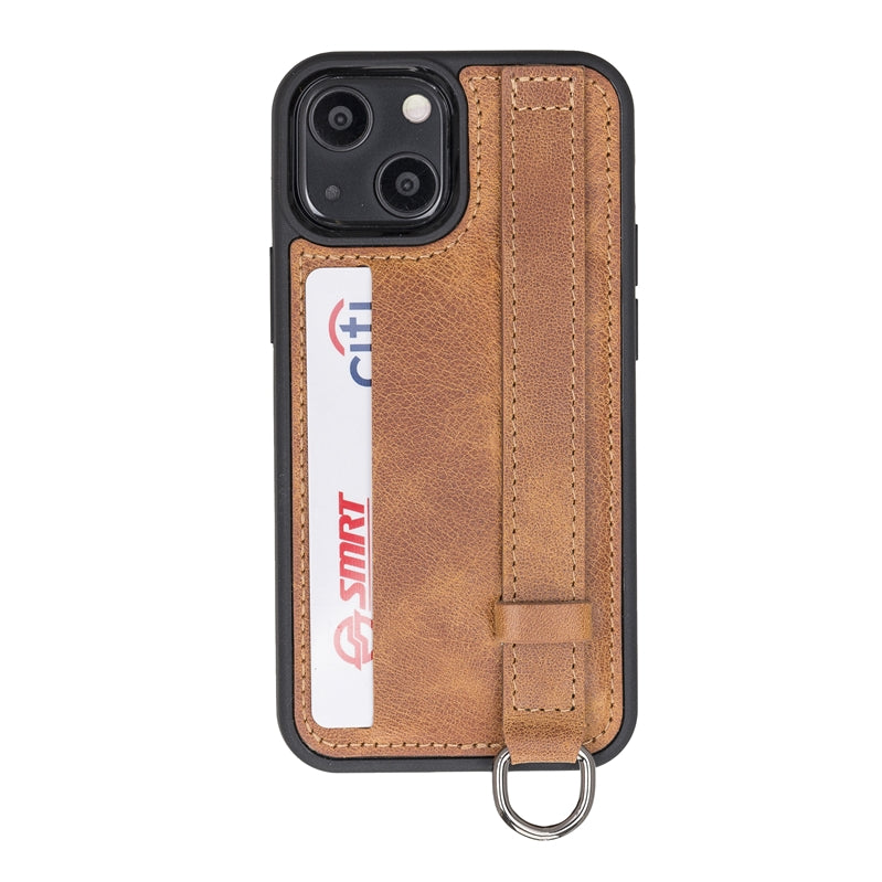 iPhone 13 Mini Amber Leather Snap-On Card Holder Case with Back Strap - Hardiston - 2