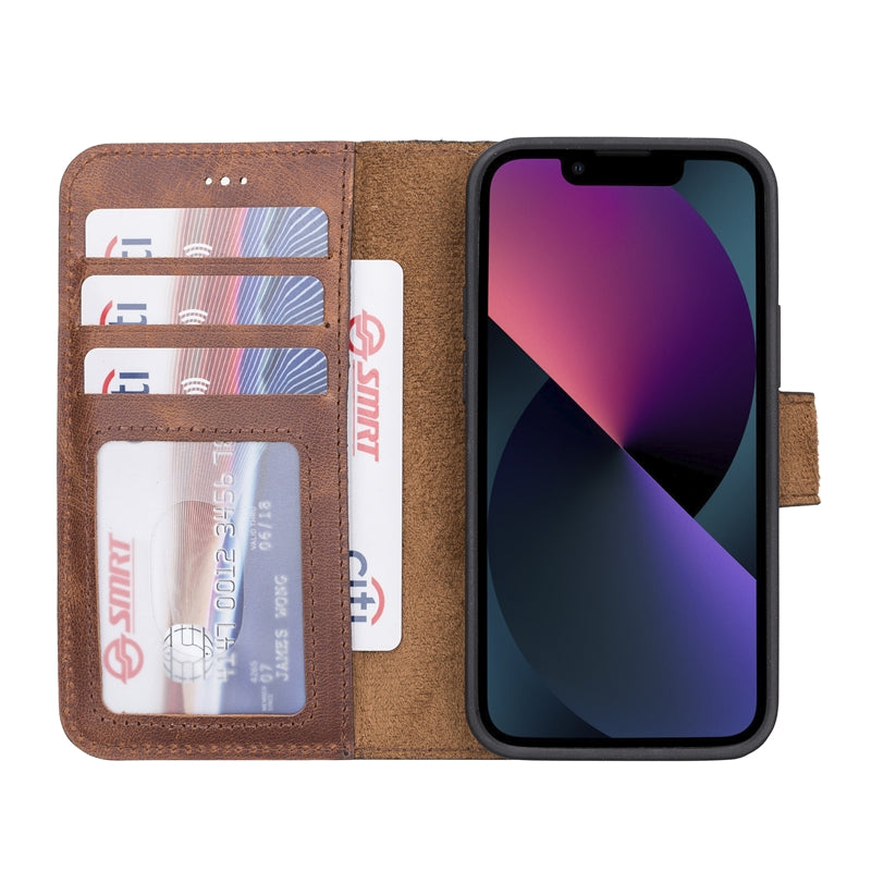 iPhone 13 Mini Brown Leather Detachable 2-in-1 Wallet Case with Card Holder and MagSafe - Hardiston - 2
