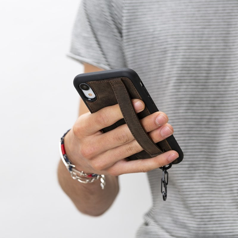 iPhone 13 Mini Mocha Leather Snap-On Card Holder Case with Back Strap - Hardiston - 8