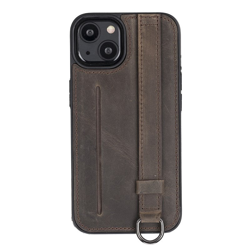 iPhone 13 Mocha Leather Snap-On Card Holder Case with Back Strap - Hardiston - 2