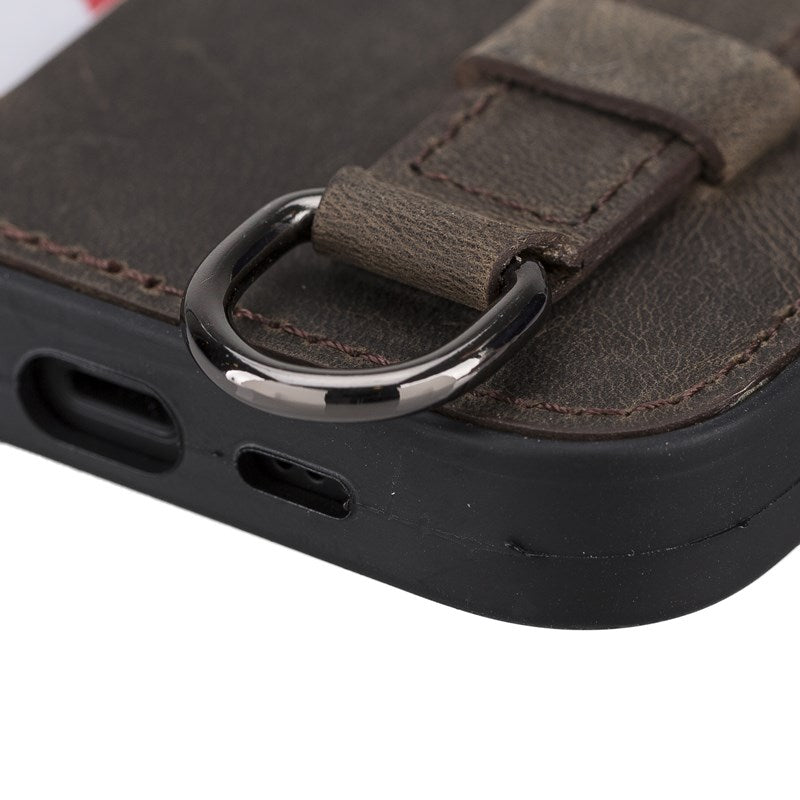 iPhone 13 Mocha Leather Snap-On Card Holder Case with Back Strap - Hardiston - 5