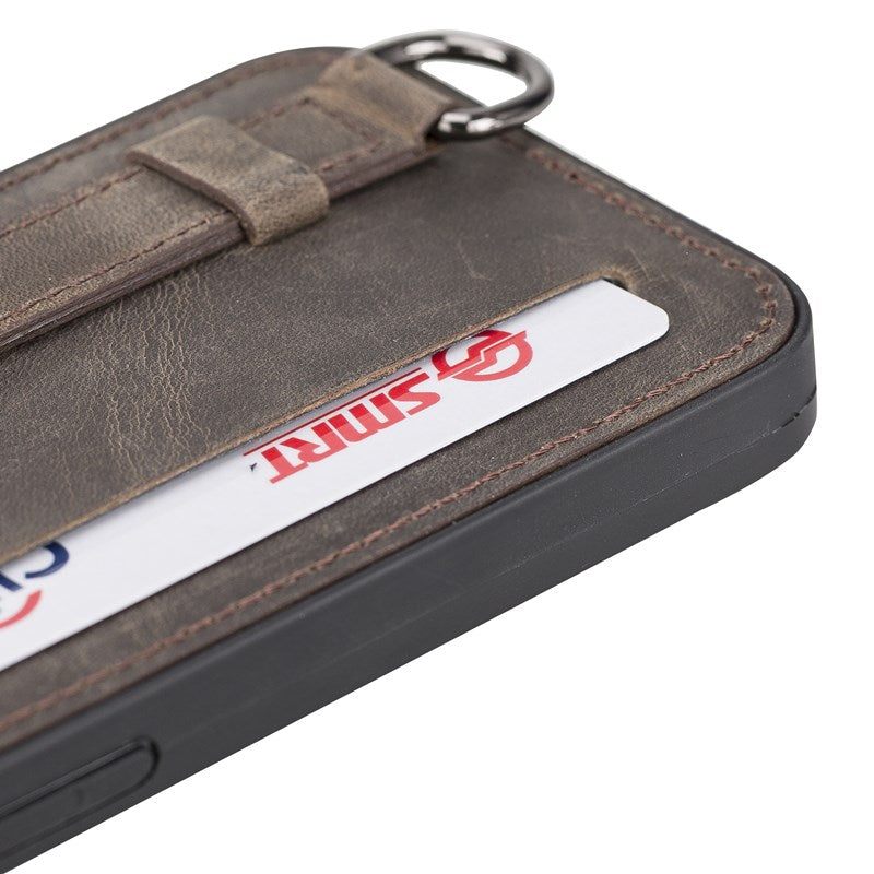 iPhone 13 Mocha Leather Snap-On Card Holder Case with Back Strap - Hardiston - 6