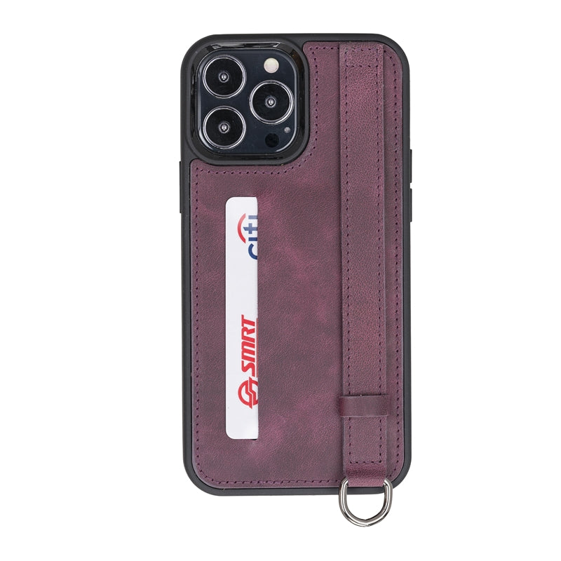 iPhone 13 Pro Max Purple Leather Snap-On Card Holder Case with Back Strap - Hardiston - 1