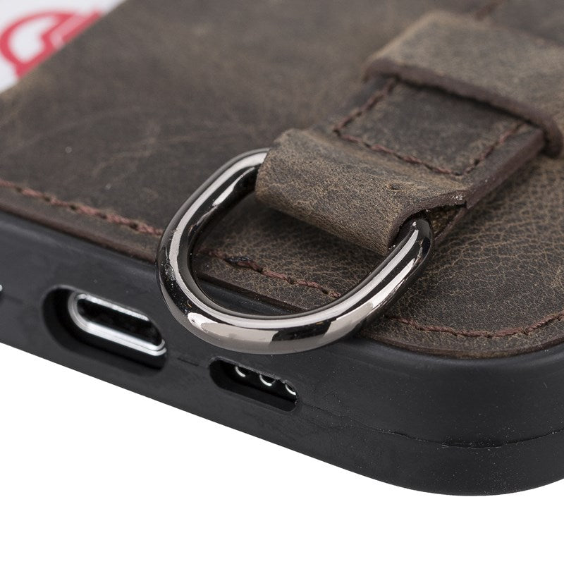 iPhone 13 Pro Mocha Leather Snap-On Card Holder Case with Back Strap - Hardiston - 7