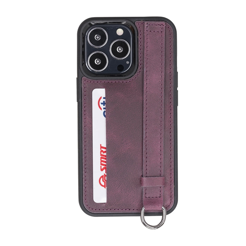 iPhone 13 Pro Purple Leather Snap-On Card Holder Case with Back Strap - Hardiston - 1