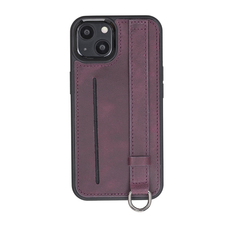 iPhone 13 Purple Leather Snap-On Card Holder Case with Back Strap - Hardiston - 1