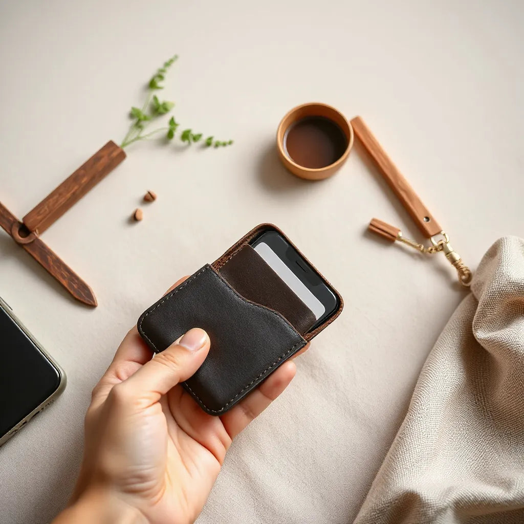 Leather phone wallet case on a neutral tabletop with visible card slot flap and phone fit