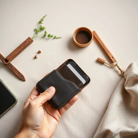 Leather phone wallet case on a neutral tabletop with visible card slot flap and phone fit
