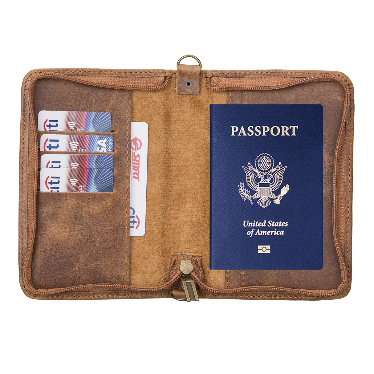 Handcrafted Leather Zipped Passport Holder with Wristlet