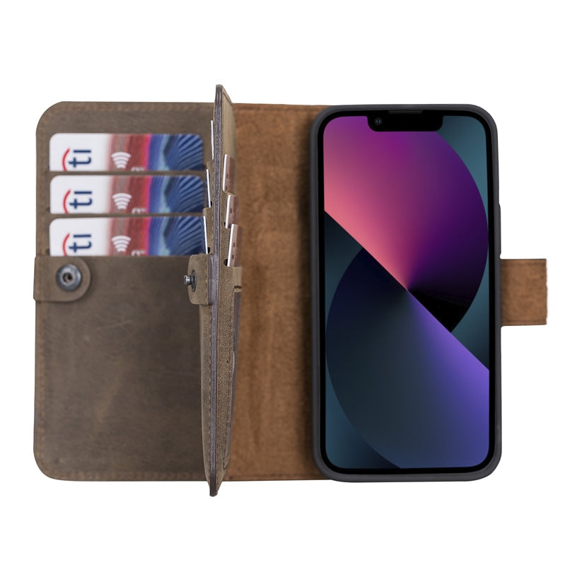 iPhone 13 Mini Mocha Leather Detachable Dual 2-in-1 Wallet Case with Card Holder and MagSafe - Hardiston - 1