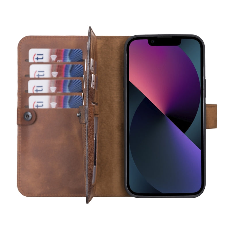 iPhone 13 Pro Brown Leather Detachable Dual 2-in-1 Wallet Case with Card Holder and MagSafe - Hardiston - 1