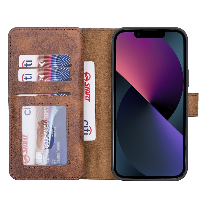 iPhone 13 Pro Brown Leather Detachable Dual 2-in-1 Wallet Case with Card Holder and MagSafe - Hardiston - 2
