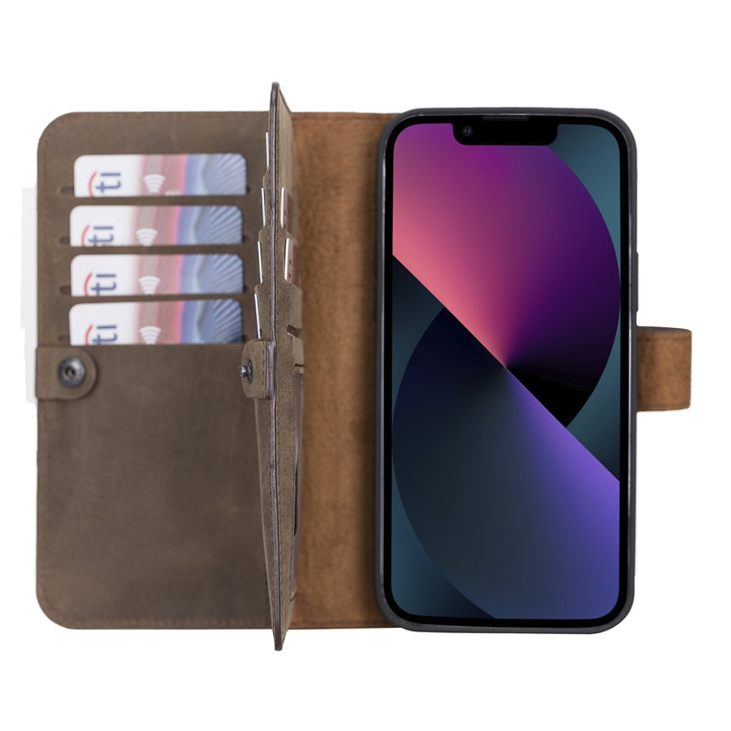 iPhone 13 Pro Mocha Leather Detachable Dual 2-in-1 Wallet Case with Card Holder and MagSafe - Hardiston - 1
