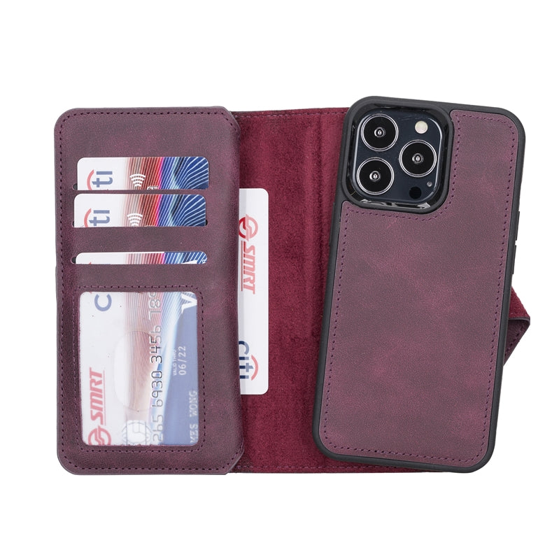 iPhone 13 Pro Purple Leather Detachable Dual 2-in-1 Wallet Case with Card Holder and MagSafe - Hardiston - 4
