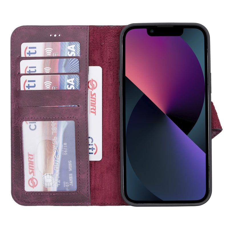 iPhone 13 Pro Purple Leather Detachable 2-in-1 Wallet Case with Card Holder and MagSafe - Hardiston - 1