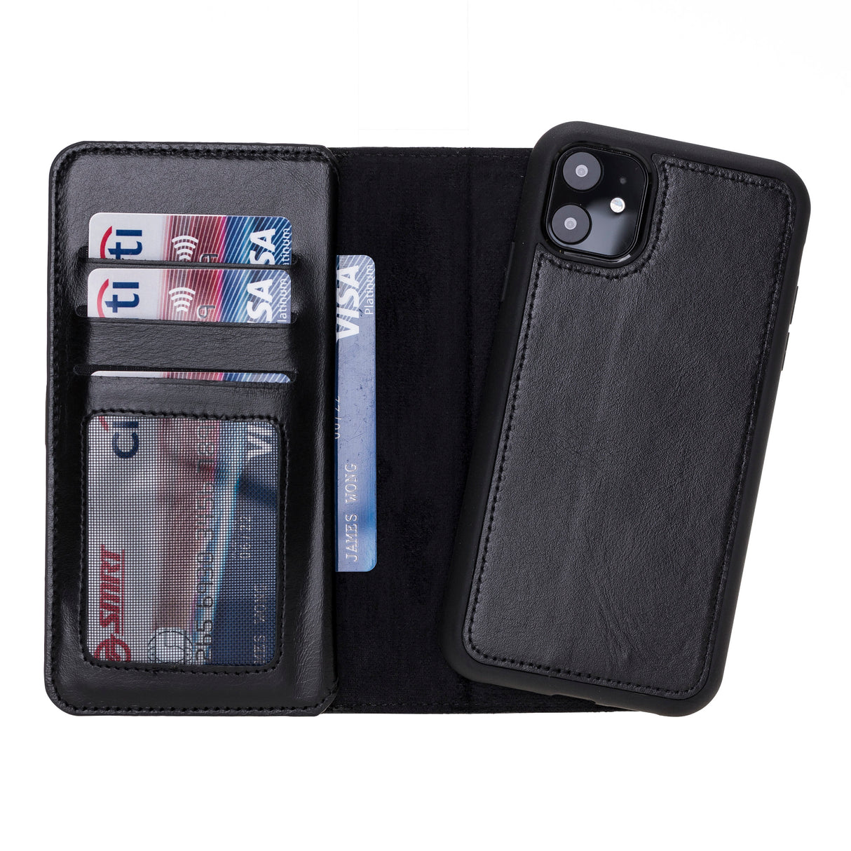 iPhone 11 Black Leather Detachable Dual 2-in-1 Wallet Case with Card Holder - Hardiston - 3