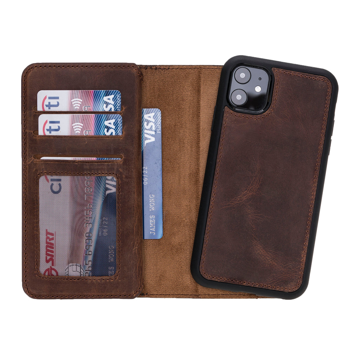 iPhone 11 Brown Leather Detachable Dual 2-in-1 Wallet Case with Card Holder - Hardiston - 3