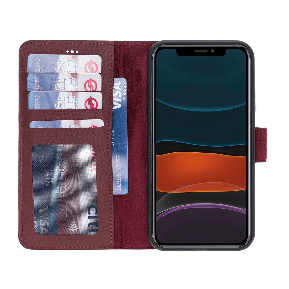 iPhone 11 Burgundy Leather Detachable 2-in-1 Wallet Case with Card Holder - Hardiston - 2