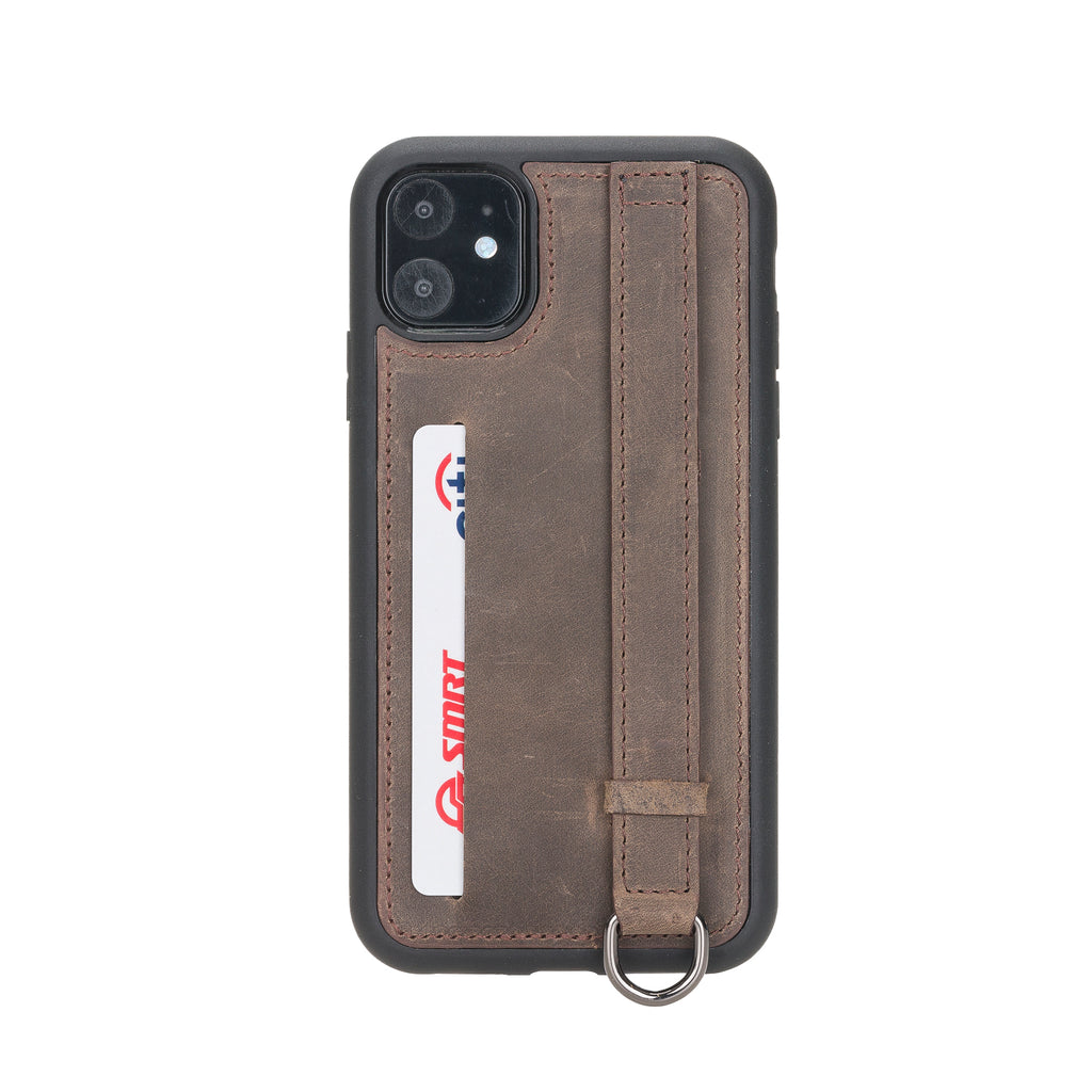 iPhone 11 Mocha Leather Snap On Card Holder Case with Back Strap - Hardiston - 1