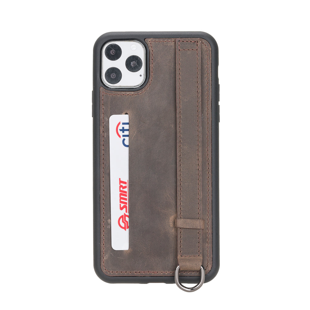 iPhone 11 Pro Max Mocha Leather Snap-On Card Holder Case with Back Strap - Hardiston - 1