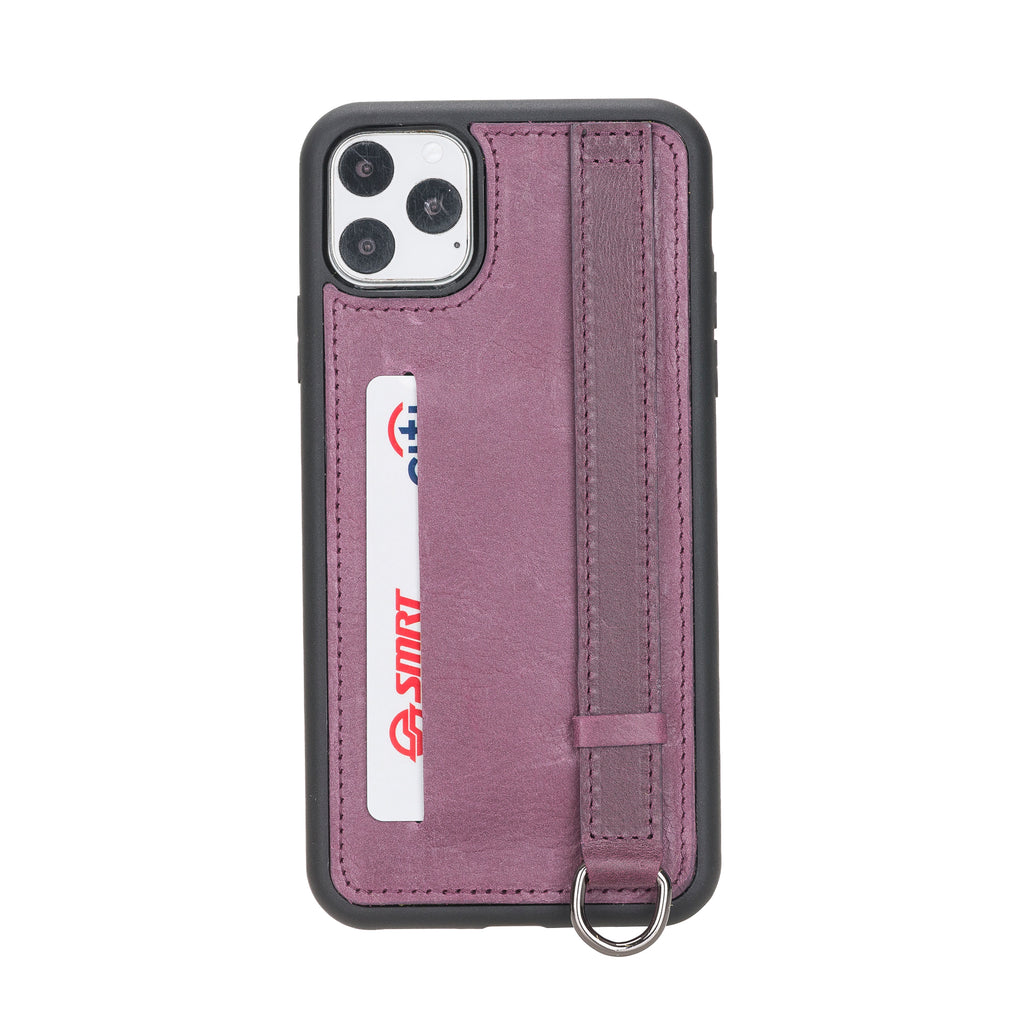 iPhone 11 Purple Leather Snap On Card Holder Case with Back Strap - Hardiston - 1