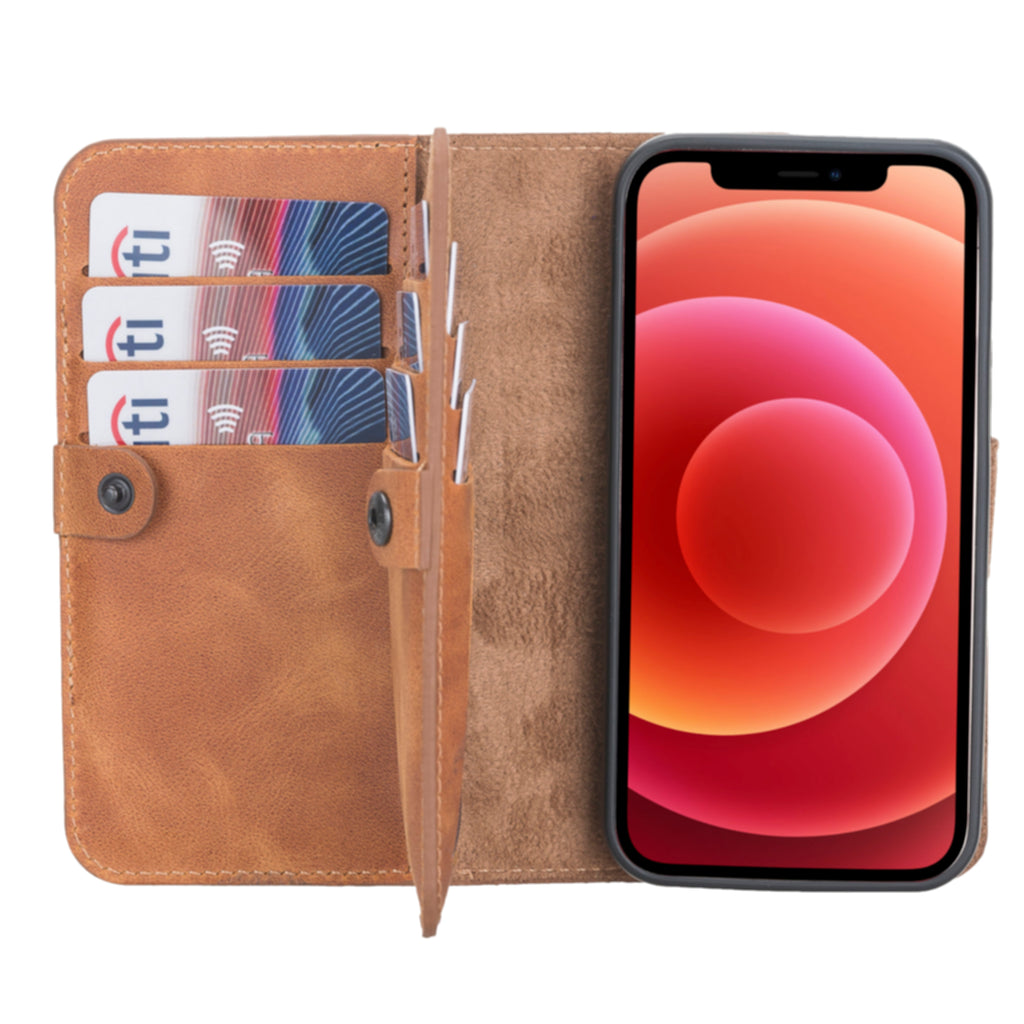 Text: iPhone 12 Mini Amber Leather Detachable Dual 2-in-1 Wallet Case with Card Holder and MagSafe - Hardiston - 1