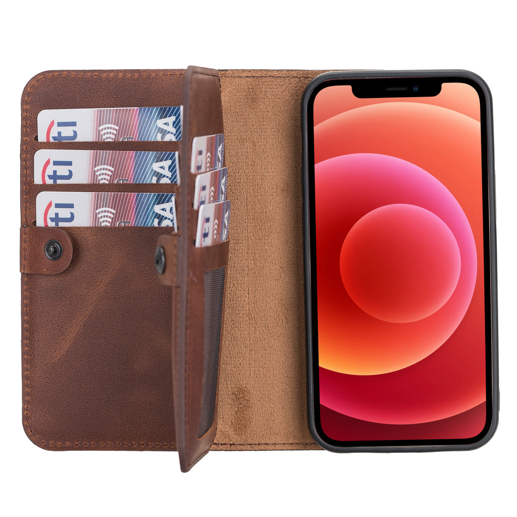 Text: iPhone 12 Mini Brown Leather Detachable Dual 2-in-1 Wallet Case with Card Holder and MagSafe - Hardiston - 1