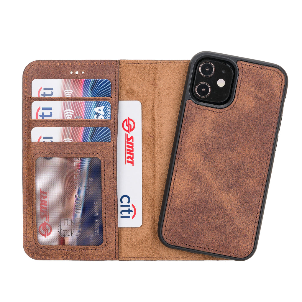 iPhone 12 Mini Brown Leather Detachable 2-in-1 Wallet Case with Card Holder and MagSafe - Hardiston - 1