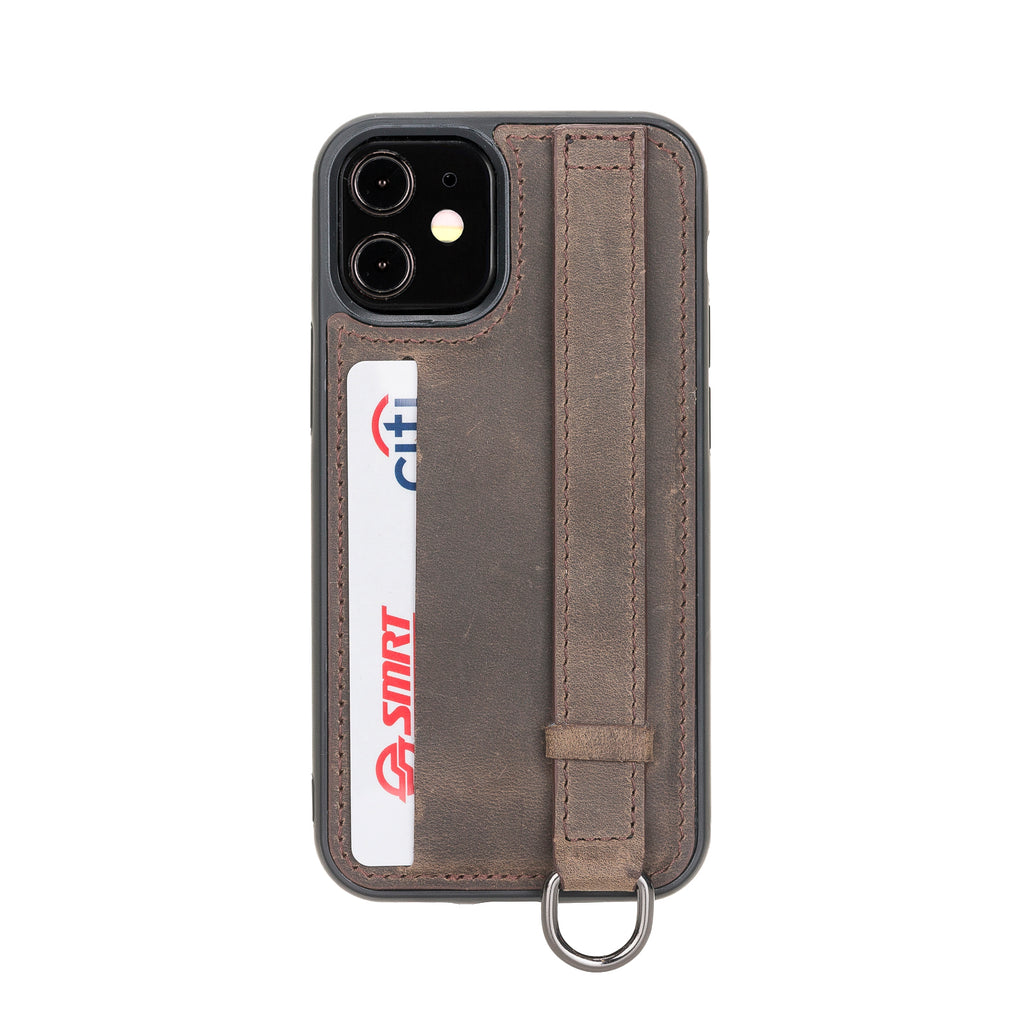 iPhone 12 Mini Mocha Leather Snap On Card Holder Case with Back Strap - Hardiston - 1