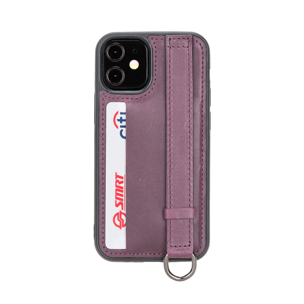iPhone 12 Mini Purple Leather Snap On Card Holder Case with Back Strap - Hardiston - 1