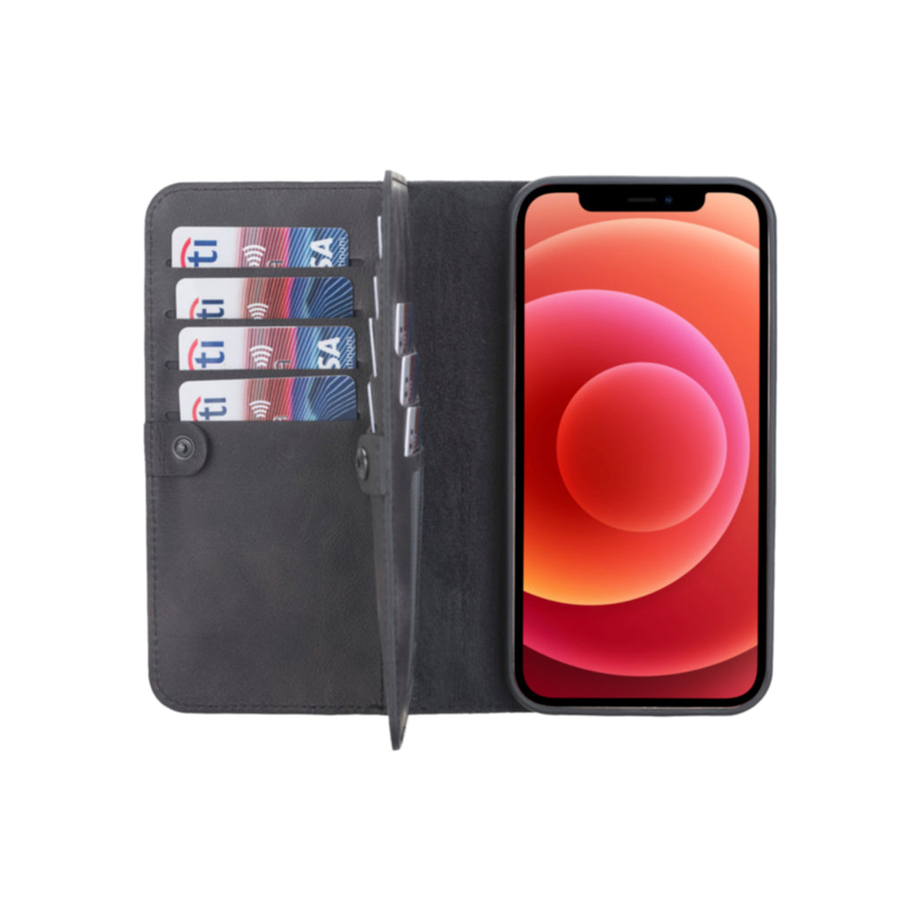 iPhone 12 Pro Black Leather Detachable Dual 2-in-1 Wallet Case with Card Holder and MagSafe - Hardiston - 1