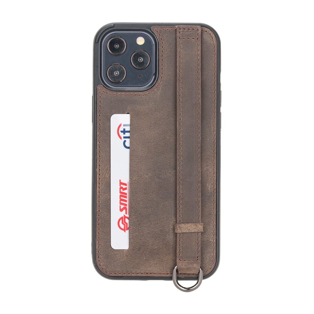 iPhone 12 Pro Max Mocha Leather Snap-On Card Holder Case with Back Strap - Hardiston - 1
