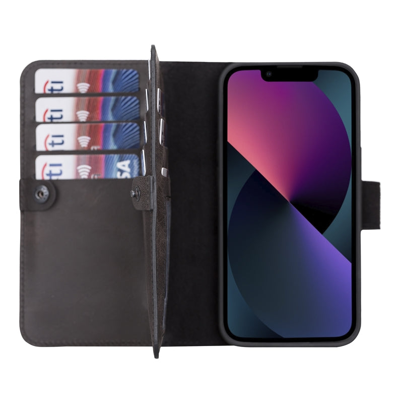 iPhone 13 Black Leather Detachable Dual 2-in-1 Wallet Case with Card Holder and MagSafe - Hardiston - 1