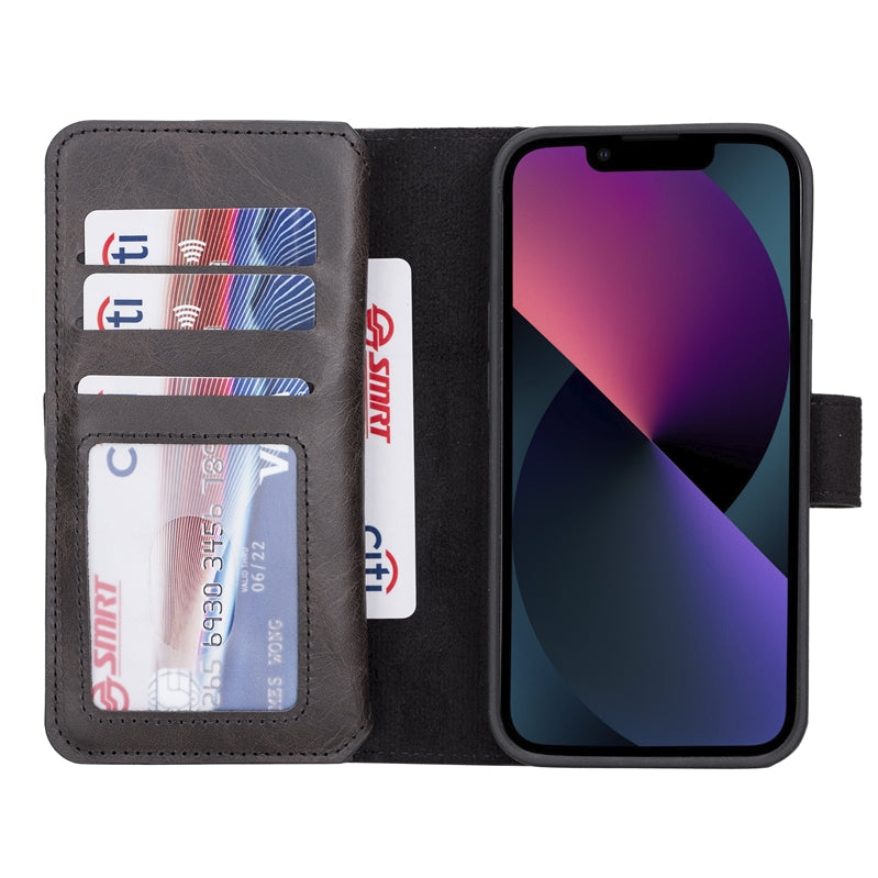 iPhone 13 Black Leather Detachable Dual 2-in-1 Wallet Case with Card Holder and MagSafe - Hardiston - 2