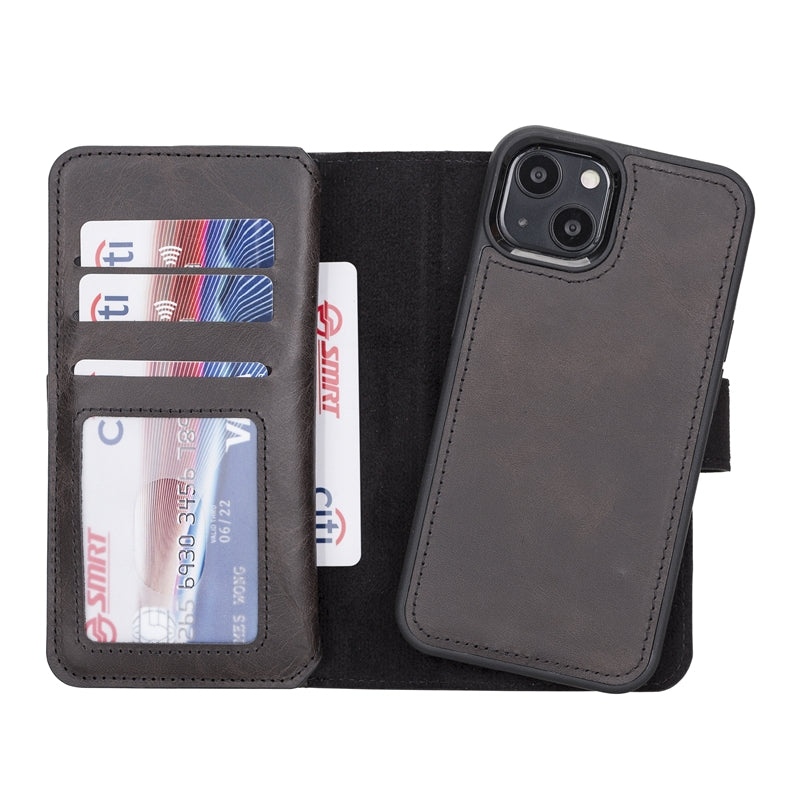 iPhone 13 Black Leather Detachable Dual 2-in-1 Wallet Case with Card Holder and MagSafe - Hardiston - 4