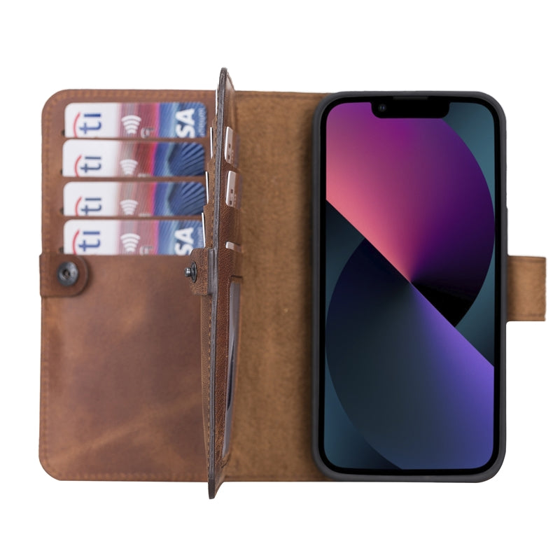 iPhone 13 Brown Leather Detachable Dual 2-in-1 Wallet Case with Card Holder and MagSafe - Hardiston - 1