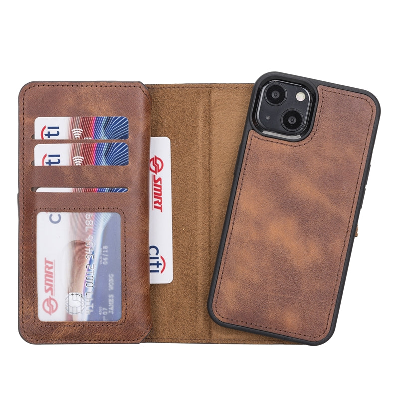 iPhone 13 Brown Leather Detachable Dual 2-in-1 Wallet Case with Card Holder and MagSafe - Hardiston - 4
