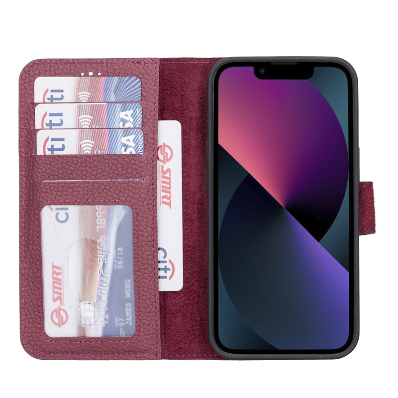 iPhone 13 Burgundy Leather Detachable 2-in-1 Wallet Case with Card Holder and MagSafe - Hardiston - 1