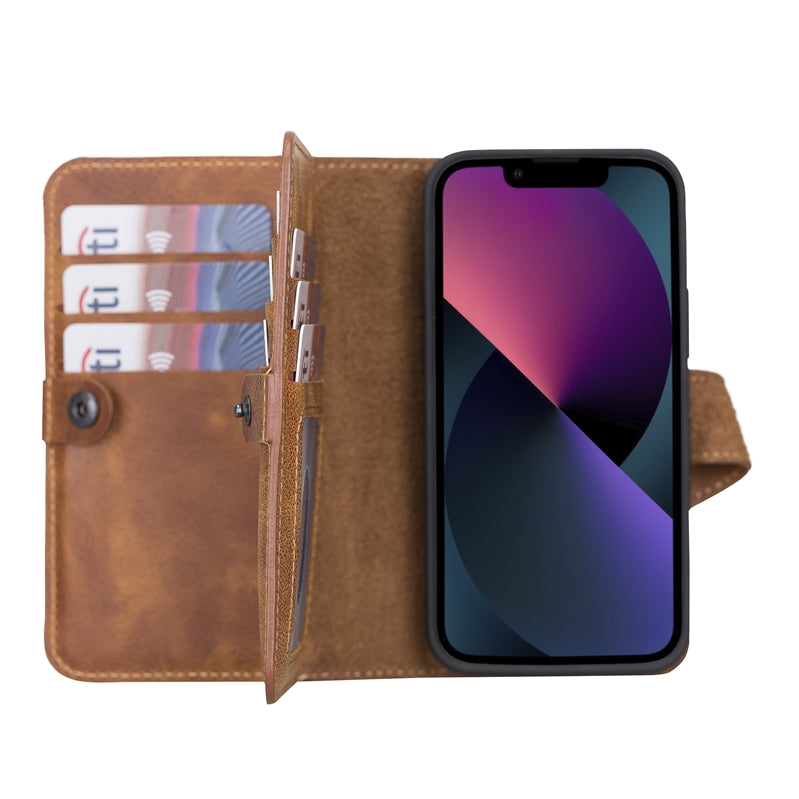 iPhone 13 Mini Amber Leather Detachable Dual 2-in-1 Wallet Case with Card Holder and MagSafe - Hardiston - 1